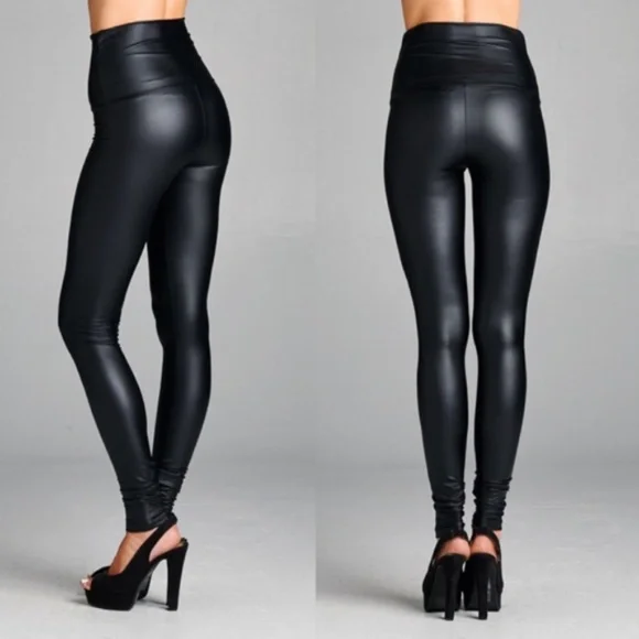High waist fold over leather Leggings Black Matte - Picture 2 of 4